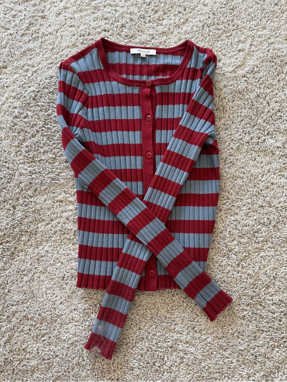 Madewell Women's Wine & Blue Striped Ribbed Button Cardigan